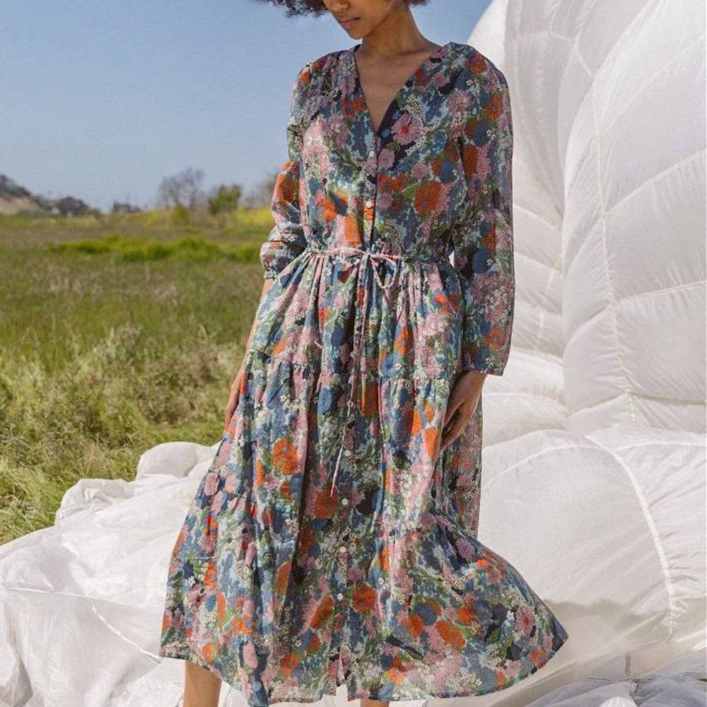 Trovata Birds of Paradis Ainsley B Dress in Bramble, Floral Cotton Midi, Medium
